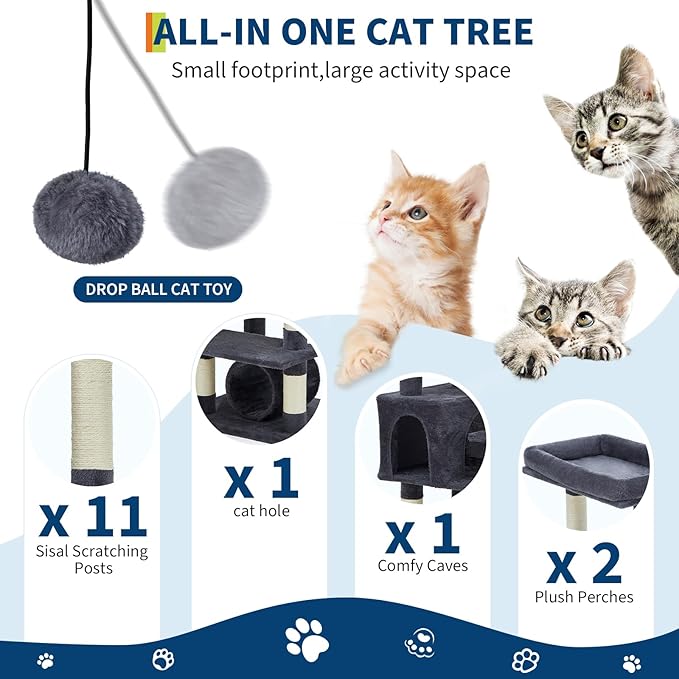 74" Tall Cat Tree,Large Cat Tree for Big Cats,Cat Tower with Scratching Posts, Condo, Perches, Hammock, Tunnel & Feeding Station,Deep Gray
