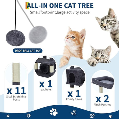 74" Tall Cat Tree,Large Cat Tree for Big Cats,Cat Tower with Scratching Posts, Condo, Perches, Hammock, Tunnel & Feeding Station,Deep Gray