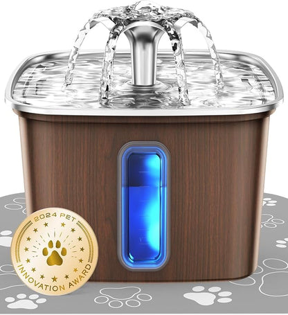 Veken Innovation Award Winner Stainless Steel Cat Water Fountain, 108oz | Automatic Pet Fountain Dog Water Dispenser with Replacement Filters & Silicone Mat for Cats, Dogs (Walnut Brown)