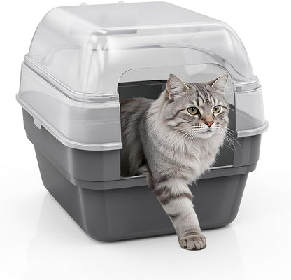 Large Cat Litter Box with Transparent Lid, Foldable Hooded Litter Box with Front Door Flap for Privacy, Easy Clean Non-Sticky Litter Box with Intelligent Deodorizing, (21.6" L x 17.8" W x 17.3" H)