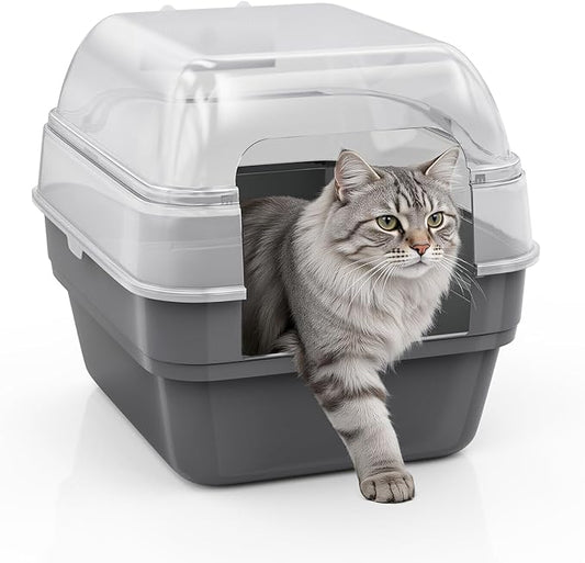 Large Cat Litter Box with Transparent Lid, Foldable Hooded Litter Box with Front Door Flap for Privacy, Easy Clean Non-Sticky Litter Box with Intelligent Deodorizing, (21.6" L x 17.8" W x 17.3" H)
