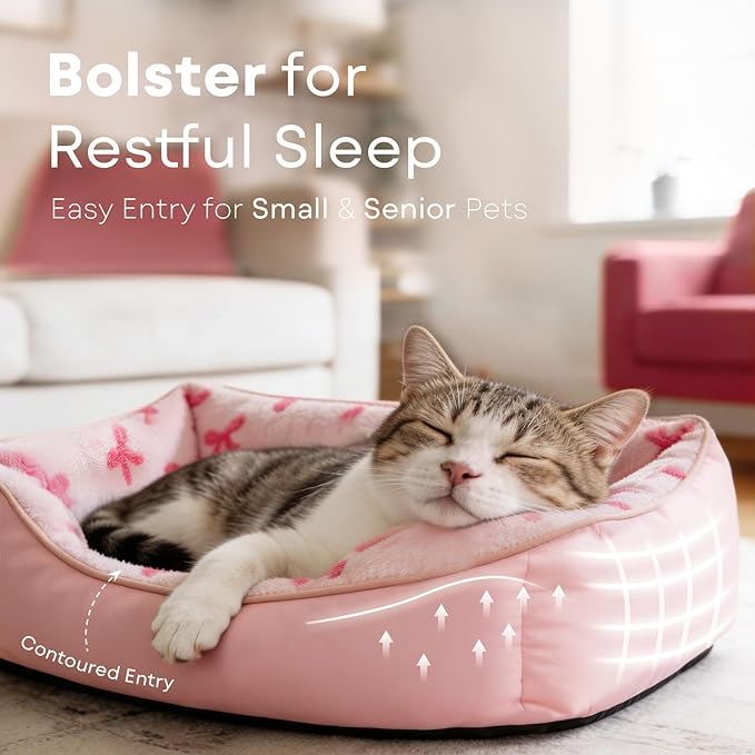 Mora Pets Reversible Cat Bed for Indoor Cats and Small Dogs Washable - Cool & Warm 2-in-1 Anti Anxiety Calming Pet Bed for Summer, Rectangle Puppy Bed with Cute Pink Bow (20″x19″x6″)
