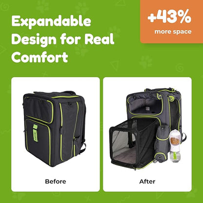 Premium Expandable Cat Carrier Backpack with Car Seat Belt Safety System – Rigid Frame Pet Carrier Backpack for Cats & Small Dogs up to 25 lbs – Breathable, Durable – Includes Bottle & Feeding Bowl