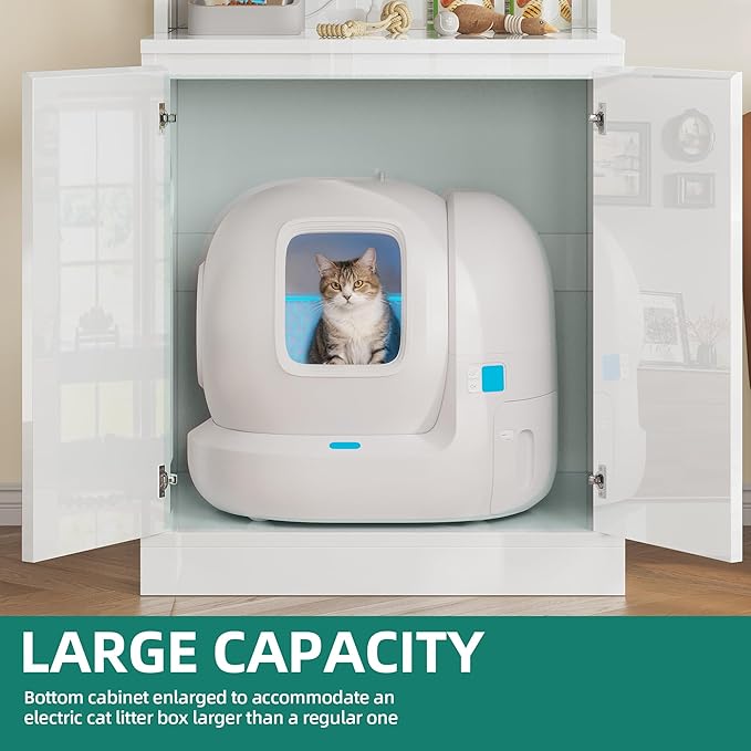 YITAHOME Large Cat Litter Box Furniture with Shelves and Charging Station, Hidden for Self-Cleaning Cats Litter Box Enclosure, Wooden Cat Cabinet for Smart Litter-Box Size, High-Gloss White