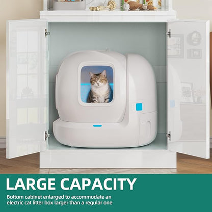 YITAHOME Large Cat Litter Box Furniture with Shelves and Charging Station, Hidden for Self-Cleaning Cats Litter Box Enclosure, Wooden Cat Cabinet for Smart Litter-Box Size, High-Gloss White