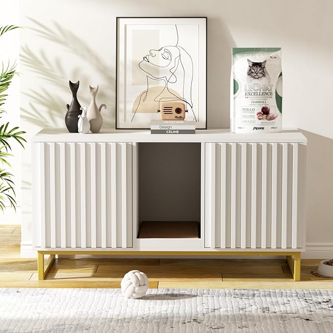 Halitaa Double Litter Box Enclosure,Modern Cat Litter Box Enclosure for 2 Cats, Hidden Litter Box with Cat Scratch Pad, Cat Washroom Cat House End Table, Entryway Bench for Livingroom (White)