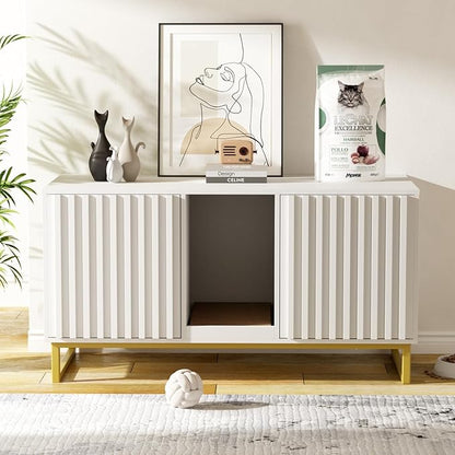 Halitaa Double Litter Box Enclosure,Modern Cat Litter Box Enclosure for 2 Cats, Hidden Litter Box with Cat Scratch Pad, Cat Washroom Cat House End Table, Entryway Bench for Livingroom (White)