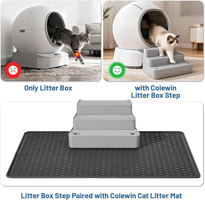 Adjustable Cat Litter Box Steps, 3-Step Non-Slip Ramp for Kittens Senior Cats Small Cats, Detachable Litter Catcher Tray, Fit Automatic Litter Boxes, Easy Clean, 13.5"x9"x7" (Light Grey)