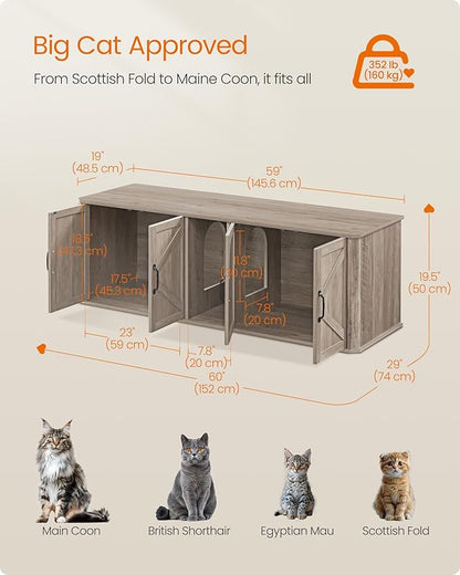 Feandrea Double Cat Litter Box Enclosure, Modern Litter Box Furniture Hidden for 2 Cats, Front Entry, Cat House, Side End Table, TV Stand, 59 x 19 x 19.5 Inches, Heather Griege UPCL010G01