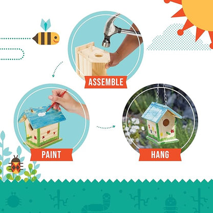Beetle & Bee Build A Bird Bungalow - DIY Kid Art Craft Outdoor Birdhouse Kit, House Painting Kit for Kids, Hardware Glue Included- 4 Paints, 1 Brush, 7 Wooden Pcs, Chain For Tree Hanging Age 5+