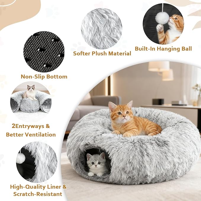 Cat Tunnel Christmas Tree Skirt, Cat Tunnel Bed for Indoor Cats with Hanging Ball, Soft Plush Cats Donut Cave with Washable Mat for Kittens, Rabbits, Puppies and Small Animals Christmas Decors, Grey