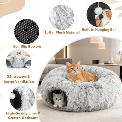 Cat Tunnel Christmas Tree Skirt, Cat Tunnel Bed for Indoor Cats with Hanging Ball, Soft Plush Cats Donut Cave with Washable Mat for Kittens, Rabbits, Puppies and Small Animals Christmas Decors, Grey