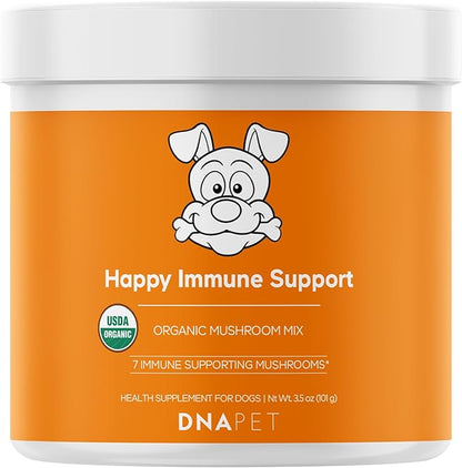DNA PET Happy Immunity USDA Certified Organic Mushroom Complex for Dogs, Organic Cordyceps Shiitake Reishi, Vegan Mushroom Blend Powder Canine Supplement, Advanced Mushroom Mix, Non-GMO, 3.5 oz