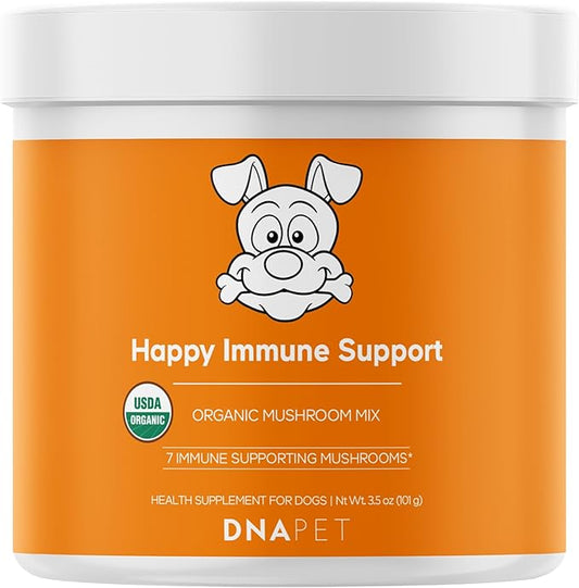 DNA PET Happy Immunity USDA Certified Organic Mushroom Complex for Dogs, Organic Cordyceps Shiitake Reishi, Vegan Mushroom Blend Powder Canine Supplement, Advanced Mushroom Mix, Non-GMO, 3.5 oz