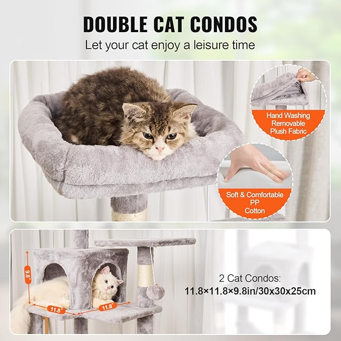 VEVOR Cat Tree for Indoor Cats, 63" Cat Tower with 2 Cat Condos, Sisal Scratching Post, Hammock, Top Perch, Jumping Platforms, Large Cat Furniture Activity Center with Hang Ball, Light Grey