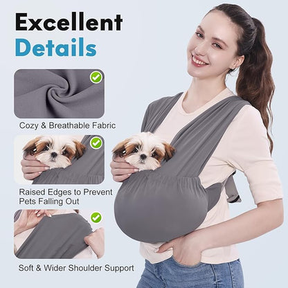Supet Dog Sling Carrier for Small Pets, Hands Free Cat Sling, Reducing Back Neck Pain Anti-Anxiety Puppy Front, Adjustable Soft Dog Carrying (Grey, Plus 7-15 Lbs)