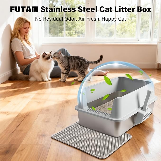 Stainless Steel Litter Box, XL Metal Cat Litter Box with Lid, Extra Large Cat Litter Boxes for Big Cats with High Sides, Leak Proof, Easy to Clean, No Stick, Odor Control, Include Scoop and Mat