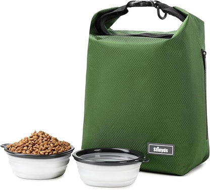 Dog Food Travel Bag with 2PCS Collapsible Dog Travel Bowls Air Tight Dog Food Storage Container(Green, Small)