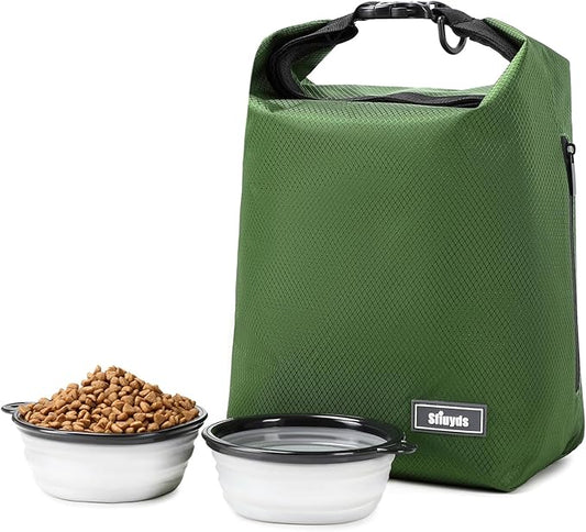 Dog Food Travel Bag with 2PCS Collapsible Dog Travel Bowls Air Tight Dog Food Storage Container(Green, Small)