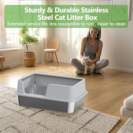 Stainless Steel Litter Box with Lid,Large Litter Metal Litter Box with High Sided, Anti-Urine Leakage, Easy Cleaning & Odor-Less, Include Metal Scoop