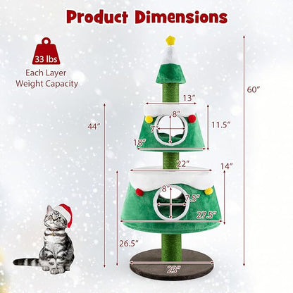 PETSITE 60 inch Cat Christmas Tree, Cute Cat Tower with 2 Condos, Sisal Scratching Posts, Spring Toy, Removable Beds, Modern Holiday Cat Tree Tower for Indoor Cats