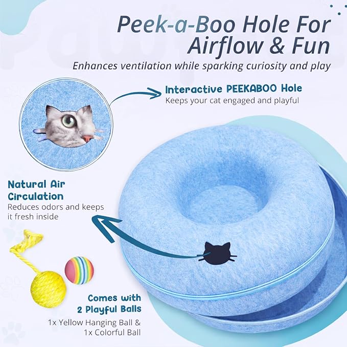 Peekaboo Cat Tunnel Bed with Hanging Ball Toy – Large Cat Tunnels for Indoor Cats up to 30lbs – Round Cat cave Bed with Scratch-Resistant, Easy to Wash & Cozy Design (Blue, Large)