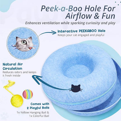 Peekaboo Cat Tunnel Bed with Hanging Ball Toy – Large Cat Tunnels for Indoor Cats up to 30lbs – Round Cat cave Bed with Scratch-Resistant, Easy to Wash & Cozy Design (Blue, Large)
