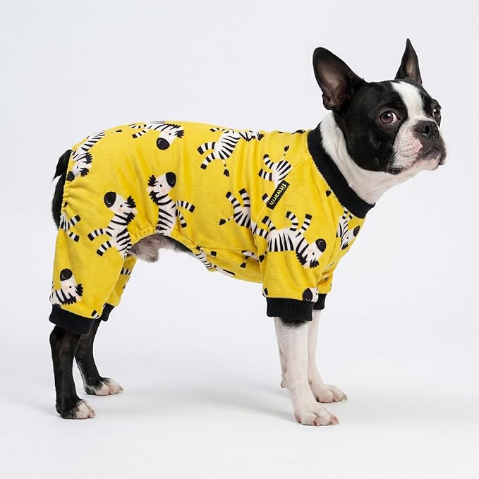 Fitwarm Zebra Dog Fleece Pajamas, Funny Winter Clothes for Small Dogs Boy Girl, Cozy Pet Onesie, Yellow, Black, White, XL