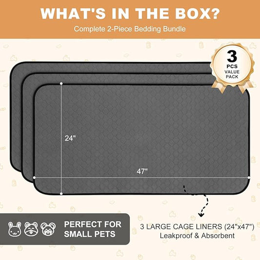 3 Pack Guinea Pig Cage Liners, Washable Guinea Pig Pee Pads Waterproof Reusable & Anti Slip Guinea Pig Bedding Fast and Super Absorbent Pee Pad Tarp Bottom for Small Animals (Dark Grey 24" X 47")