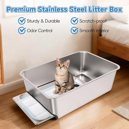 Stainless Steel Litter Box with Pull-Out Pan, 23.6" L x 15.7" Drawer Type Semi-Enclosed Cat Litter Box with Litter Scoop for Big Cat Easy Cleaning