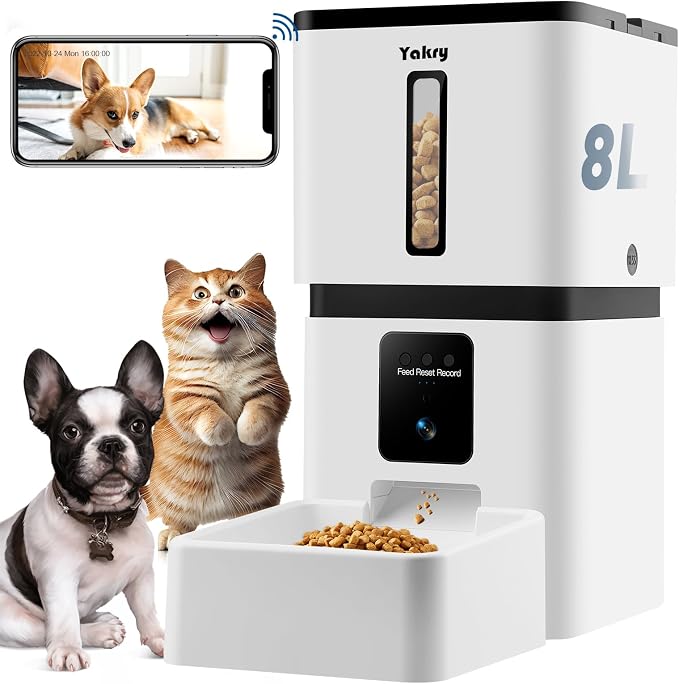 Yakry Automatic Dog Feeder with Camera - 8L/33 Cups Smart Dog Feeder | 5GHz/2.4GHz WiFi App Control for Small/Medium Dogs & Cats, 1080P HD Night Vision 2-Way Audio, Timed Dry Food Dispenser Indoor
