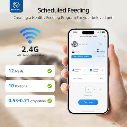 PAPIFEED Automatic Cat Feeder 2 Cats, 2.4G WiFi Cat Food Dispenser with App Control, 7L Slow Feed Timed Cat Feeders for Dry Food, 10 Meals/Day, 12 Portions/Meal, Dual Power Supply, Black