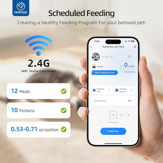 PAPIFEED Automatic Cat Feeder 2 Cats, 2.4G WiFi Cat Food Dispenser with App Control, 7L Slow Feed Timed Cat Feeders for Dry Food, 10 Meals/Day, 12 Portions/Meal, Dual Power Supply, Black