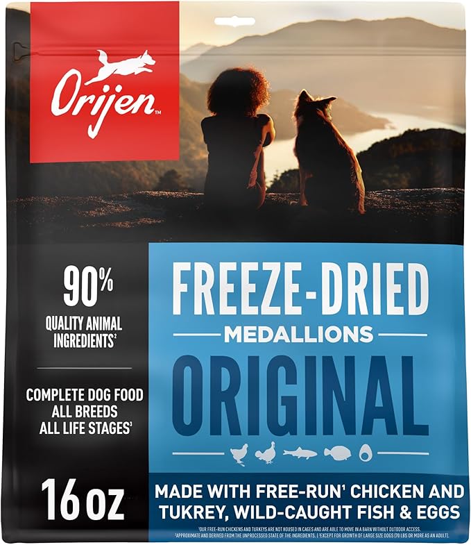 ORIJEN Grain Free High Protein Freeze Dried Dog Food & Topper Original Recipe 16oz Bag