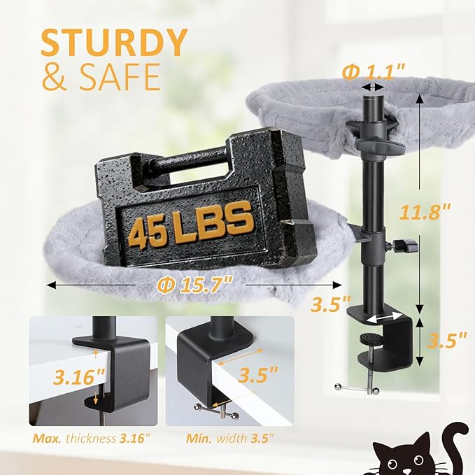 Topmart Double-Deck Cat Desk Bed with 360° Rotating & Adjustable Height, Cat Hammock for Desk with 4 Washable Pads, Kittens Bed for Desk Attachment for Home Office,Up to 45LBS, Grey & Black