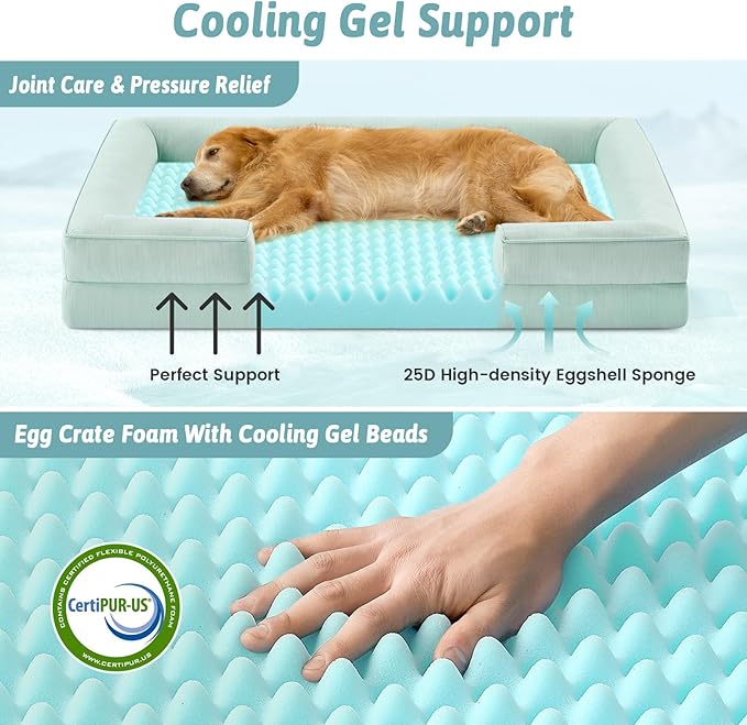 COZY KISS Cooling Dog Bed for Extra Large Dogs, Q-Max >0.4 Summer Cool Orthopedic Foam Pet Sofa Bed with Sides, Bolster Anti-Slip Couch with Washable Removable Cover, XXL 48x35x7.5 inch, Green
