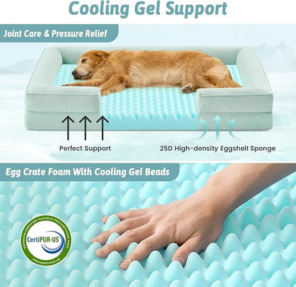COZY KISS Cooling Dog Bed for Extra Large Dogs, Q-Max >0.4 Summer Cool Orthopedic Foam Pet Sofa Bed with Sides, Bolster Anti-Slip Couch with Washable Removable Cover, XXL 48x35x7.5 inch, Green