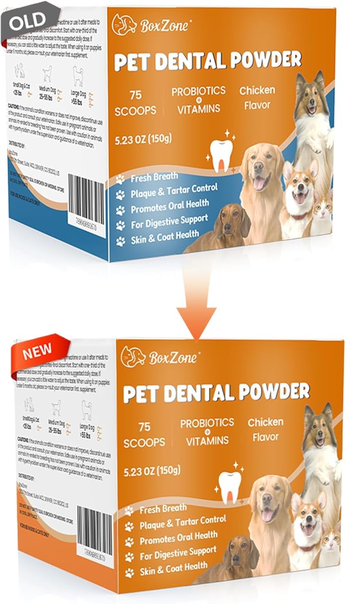 Dog Teeth Cleaning Powder - Plaque & Tartar Control, Breath Fresheners with Natural Seaweed, Probiotics, Vitamins, Turmeric & Enzymes for All Dogs & Cats (Chicken Flavor, 75 Scoops)
