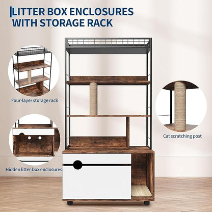 2-in-1 Hidden Cat Litter Box Enclosure Furniture with 4-Tier Shelves & Scratching Post, Large Wooden Cat Litter Cabinet for Most Litter Boxes, Brown