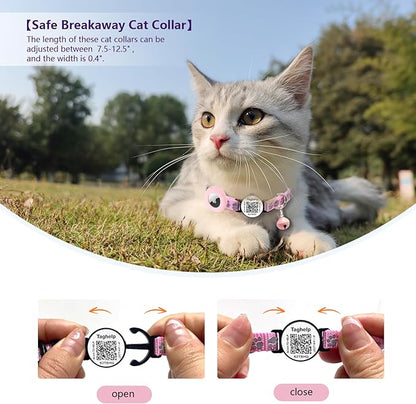2PCS Breakaway Cat Collars AirTag Holder with Bell Cute Star &Moon Safe Kitten Collars with Pendant Glow in The Dark,Cat Collar with Smart ID tag & QR Code Reflective for GPS Boy Girl Cats (Pink)