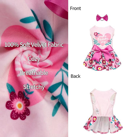 CuteBone Happy Mother's Day Dog Dress Velvet for Small Dogs Girl Floral Skirt Pink Puppy Dresses Dog Clothes CVA22XS-D