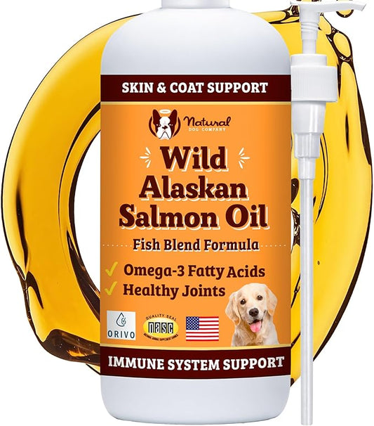 Natural Dog Company Wild Alaskan Salmon Oil Formula with Omega 3, Fish Oil for Dogs Supplement, Skin & Coat Dog Oil, Itchy Relief, Immune Support for Joints & Heart, Liquid Food Topper, 32 oz