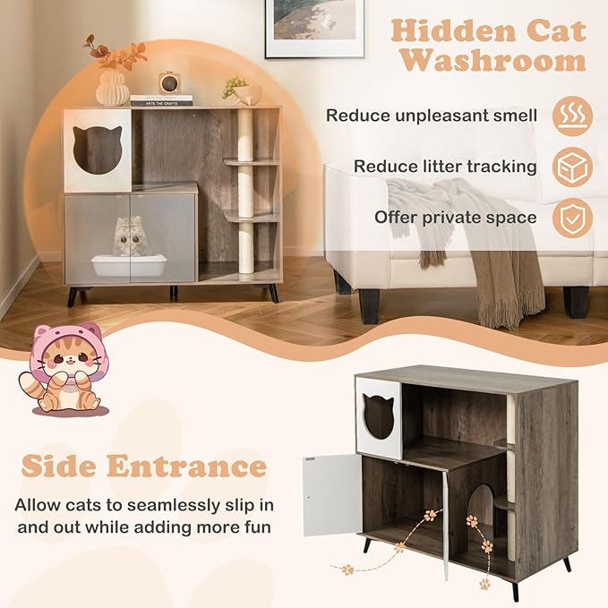 PETSITE Cat Litter Box Enclosure, Multifunctional Hidden Litter Box with Sisal Scratching Posts, Cat Condo, Litter Box Cabinet Furniture with 5 Metal Supporting Legs and Multiple Storage Space