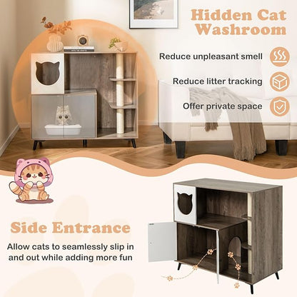 PETSITE Cat Litter Box Enclosure, Multifunctional Hidden Litter Box with Sisal Scratching Posts, Cat Condo, Litter Box Cabinet Furniture with 5 Metal Supporting Legs and Multiple Storage Space