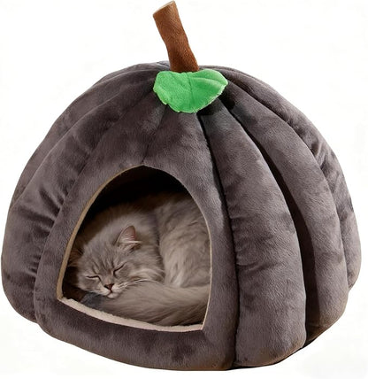 Cat Bed for Indoor Cats - Adorable Cozy Pumpkin Cat Cave with Removable Cushion, Super Soft Pet House Tent for Kittens & Small Pets, Warm & Washable Non-Slip Design(S 15 inch Grey)