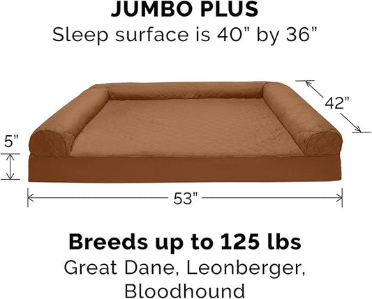 Furhaven Cooling Gel Dog Bed for Large Dogs w/ Removable Bolsters & Washable Cover, For Dogs Up to 125 lbs - Quilted Sofa - Toasted Brown, Jumbo Plus/XXL