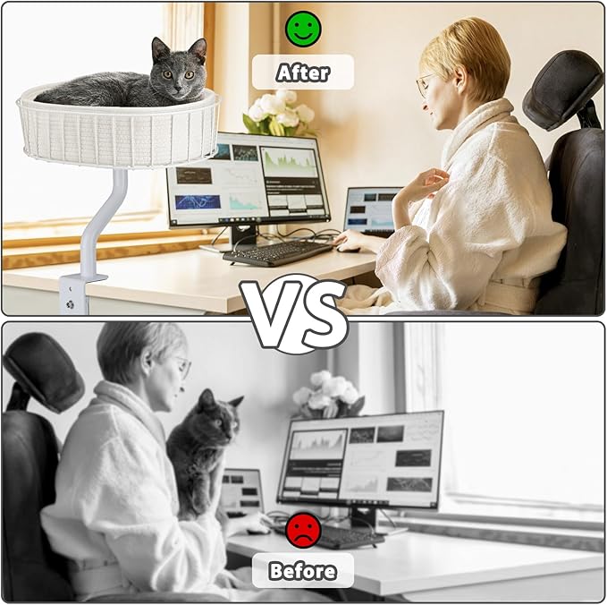 Cat Desk Bed - Sturdy Cat Bed for Desk Support 45lbs,Indoor Desktop Cats Beds for Tables Game Office Desks Attachment,17"x13" Removable Cotton Cats Nest,Heavy-Duty Metal Frame and Clamp (White)