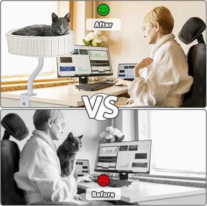 Cat Desk Bed - Sturdy Cat Bed for Desk Support 45lbs,Indoor Desktop Cats Beds for Tables Game Office Desks Attachment,17"x13" Removable Cotton Cats Nest,Heavy-Duty Metal Frame and Clamp (White)