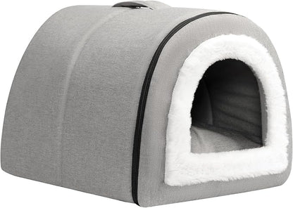 Hollypet Cat Bed Self-Warming 2 in 1 Foldable Kitty Cave Hut House Nest Pet Sleeping Bed, Linen Pet Condo for Indoor Cats, Gray Arched Cave