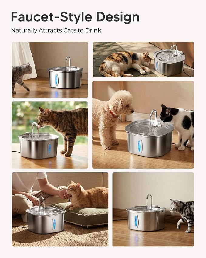 PEKTACO Stainless Steel Cat Water Fountain with 3 Filters, 3.2L/108oz | Cat drinking fountain, dishwasher safe, with triple filtration, quiet pump, and visible water window for cats and small pets